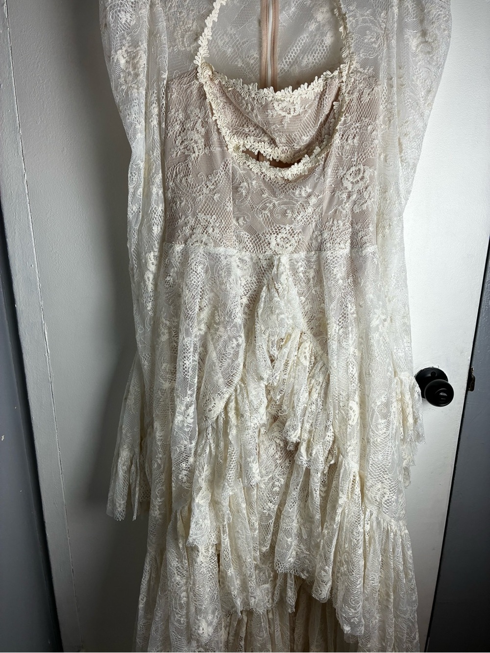 Ivory Lace Layered Formal Dress with Draped Neckline